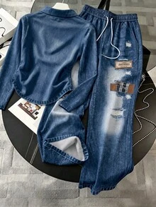 Resyla Women's Denim Effect Print Long Sleeve Top And Drawstring Waist Pants Casual 2-Piece Set - Multicolor - View 2