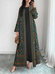 SHEIN Najma 女士花卉数码印花波普艺术风格长袖休闲阿拉伯长袍开衫外套，春秋季 - 彩色 - 查看 5