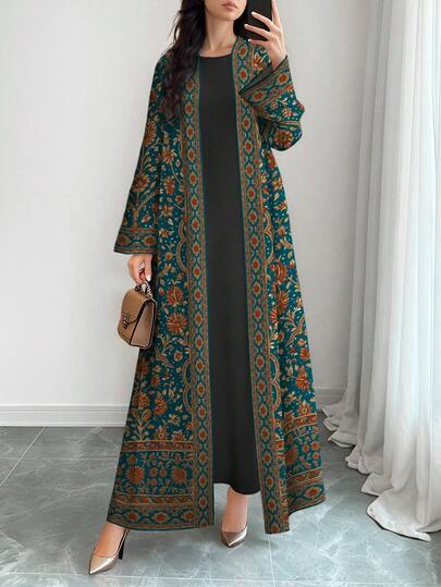 SHEIN Najma Women's Al-Adha Floral Digital Print Pop Art Style Arabic Abaya Cardigan Outerwear,Modest Turkish Motif Long Sleeve Casual Spring/Autumn Dresses