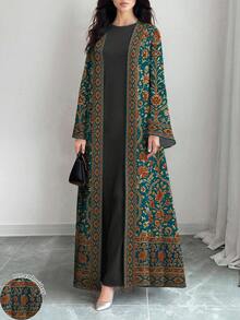 SHEIN Najma 女士花卉数码印花波普艺术风格长袖休闲阿拉伯长袍开衫外套，春秋季 - 彩色 - 查看 2