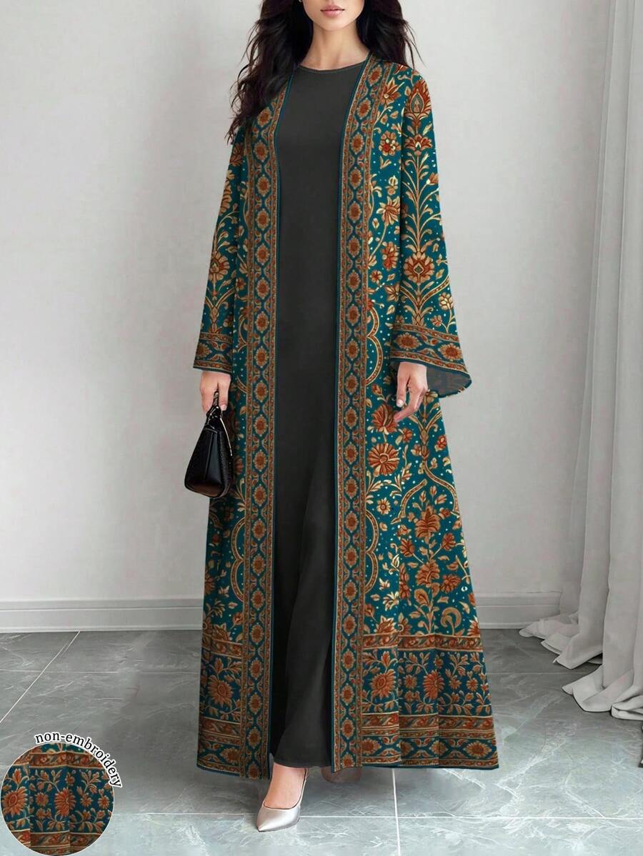 SHEIN Najma 女士花卉数码印花波普艺术风格长袖休闲阿拉伯长袍开衫外套，春秋季