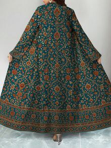SHEIN Najma 女士花卉数码印花波普艺术风格长袖休闲阿拉伯长袍开衫外套，春秋季 - 彩色 - 查看 3