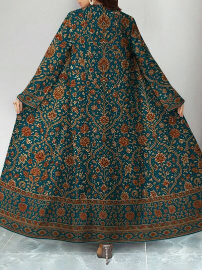 SHEIN Najma Women's Al-Adha Floral Digital Print Pop Art Style Arabic Abaya Cardigan Outerwear,Modest Turkish Motif Long Sleeve Casual Spring/Autumn Dresses