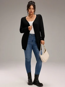 EMERY ROSE Cardigan Kasual Serbaguna untuk Wanita Ukuran Plus, Warna Polos, untuk Penggunaan Sehari-hari - Hitam - View 7
