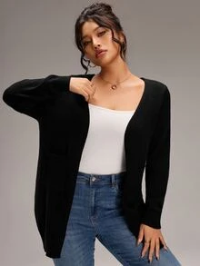 EMERY ROSE Cardigan Kasual Serbaguna untuk Wanita Ukuran Plus, Warna Polos, untuk Penggunaan Sehari-hari - Hitam - View 3