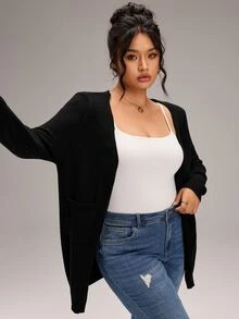 EMERY ROSE Cardigan Kasual Serbaguna untuk Wanita Ukuran Plus, Warna Polos, untuk Penggunaan Sehari-hari - Hitam - View 5