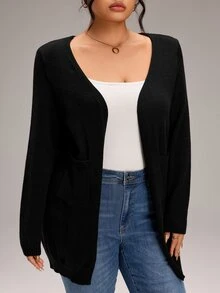 EMERY ROSE Cardigan Kasual Serbaguna untuk Wanita Ukuran Plus, Warna Polos, untuk Penggunaan Sehari-hari - Hitam - View 2