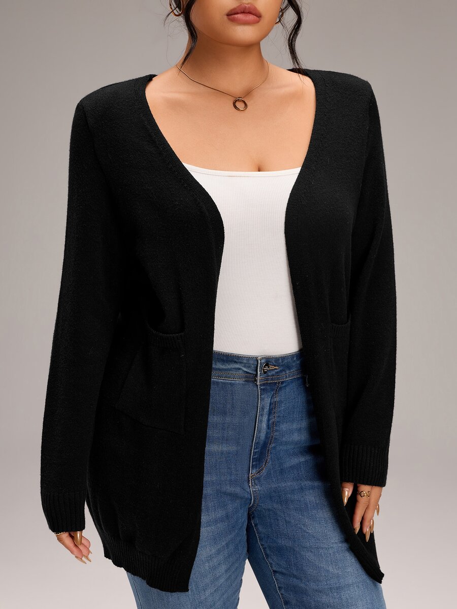 EMERY ROSE Plus Size Women's Solid Color Casual Versatile Daily Cardigan - Black - View 1