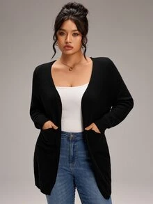 EMERY ROSE Cardigan Kasual Serbaguna untuk Wanita Ukuran Plus, Warna Polos, untuk Penggunaan Sehari-hari - Hitam - View 4