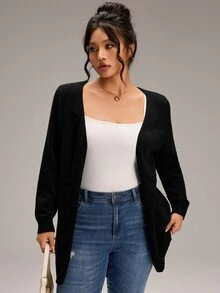 EMERY ROSE Cardigan Kasual Serbaguna untuk Wanita Ukuran Plus, Warna Polos, untuk Penggunaan Sehari-hari - Hitam - View 1