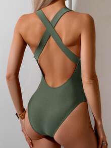 Swim Basics Women's New One-Piece Sports Swimming Costume, Criss-Cross Back Training Racing Swimsuit, Slimming For Summer Beach Vacation - Army Green - View 2