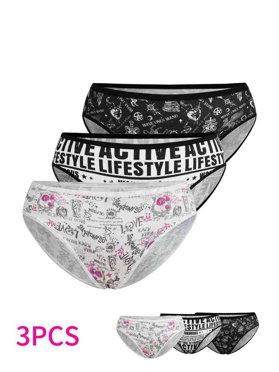 AltBold 3pcs Plus Size Gothic Print Triangle Panties - Black and White - View 1