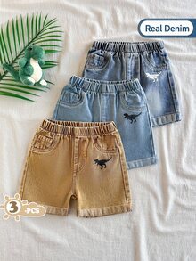 SHEIN Vintaside Kids 3件套男婴松紧腰装饰抽绳休闲百搭宽松牛仔短裤 - 彩色 - 查看 1