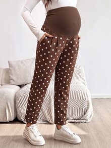 SHEIN 孕婦波點可調腰圍休閒牛仔褲 女款牛仔女郎造型 秋季度假穿搭 波點音樂會穿搭 - 棕色 - 查看 3