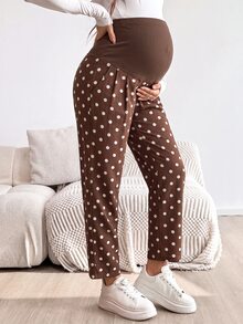 SHEIN 孕婦波點可調腰圍休閒牛仔褲 女款牛仔女郎造型 秋季度假穿搭 波點音樂會穿搭 - 棕色 - 查看 6