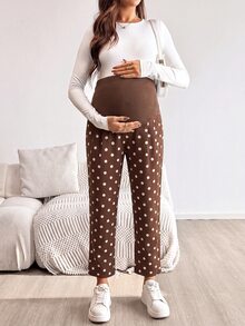 SHEIN 孕婦波點可調腰圍休閒牛仔褲 女款牛仔女郎造型 秋季度假穿搭 波點音樂會穿搭 - 棕色 - 查看 9