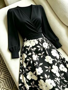GlowEve CURVE Gaun Elegan Lengan Panjang Motif Bunga Patchwork Ukuran Plus untuk Wanita, Cocok untuk Acara Brunch Formal, Warna Hitam, Cocok untuk Musim Panas dan Gugur. - Hitam - View 4