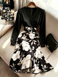 GlowEve CURVE Gaun Elegan Lengan Panjang Motif Bunga Patchwork Ukuran Plus untuk Wanita, Cocok untuk Acara Brunch Formal, Warna Hitam, Cocok untuk Musim Panas dan Gugur. - Hitam - View 3
