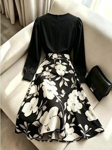 GlowEve CURVE Gaun Elegan Lengan Panjang Motif Bunga Patchwork Ukuran Plus untuk Wanita, Cocok untuk Acara Brunch Formal, Warna Hitam, Cocok untuk Musim Panas dan Gugur. - Hitam - View 2
