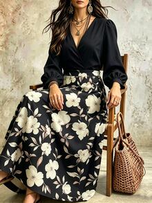 GlowEve CURVE Gaun Elegan Lengan Panjang Motif Bunga Patchwork Ukuran Plus untuk Wanita, Cocok untuk Acara Brunch Formal, Warna Hitam, Cocok untuk Musim Panas dan Gugur. - Hitam - View 1