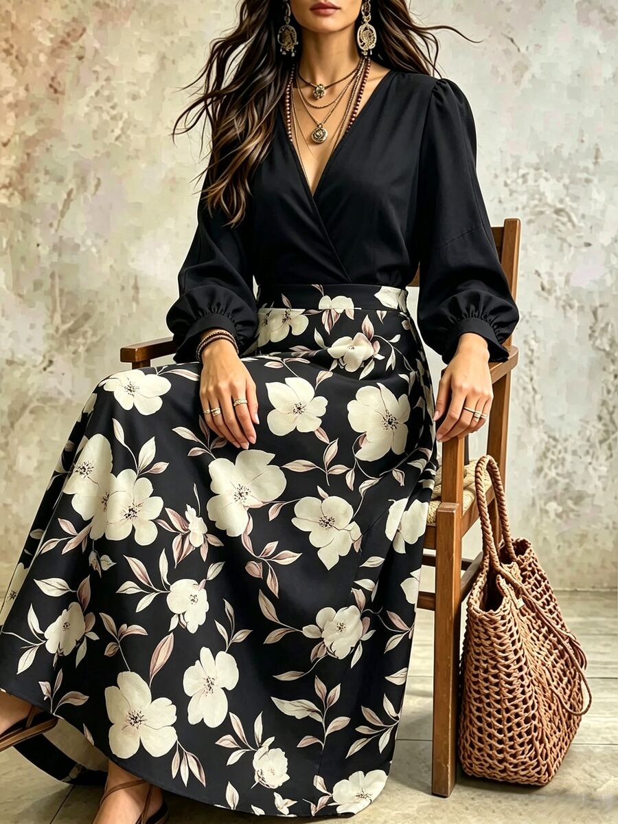 GlowEve CURVE Gaun Elegan Lengan Panjang Motif Bunga Patchwork Ukuran Plus untuk Wanita, Cocok untuk Acara Brunch Formal, Warna Hitam, Cocok untuk Musim Panas dan Gugur. - Hitam - View 1