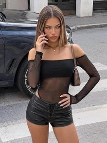 SHEIN ICON Women's Fashion Sexy Sheer Off-Shoulder Bodysuit - Black - View 3