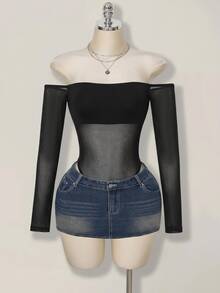 SHEIN ICON Women's Fashion Sexy Sheer Off-Shoulder Bodysuit - Black - View 5