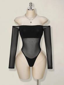 SHEIN ICON Women's Fashion Sexy Sheer Off-Shoulder Bodysuit - Black - View 1