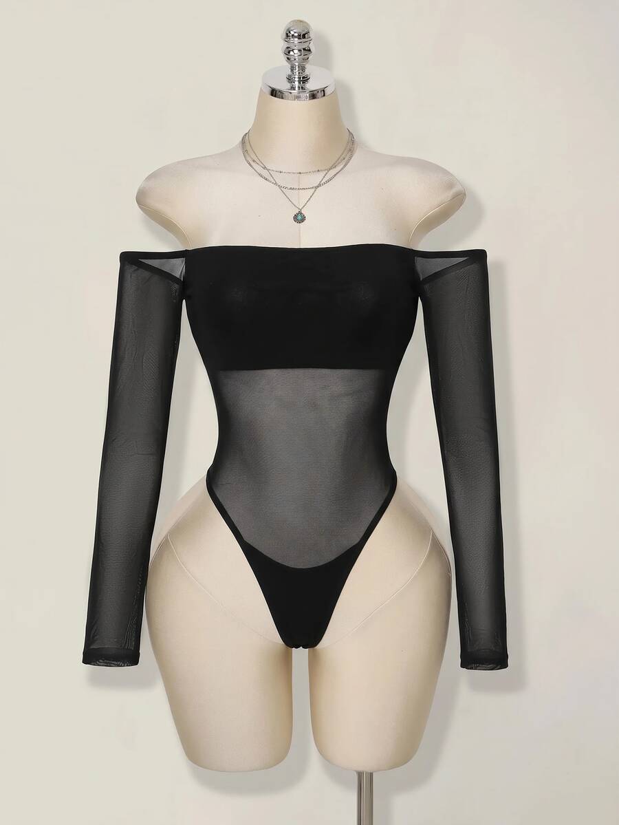 SHEIN ICON Women's Fashion Sexy Sheer Off-Shoulder Bodysuit - Black - View 1