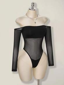 SHEIN ICON Women's Fashion Sexy Sheer Off-Shoulder Bodysuit - Black - View 9