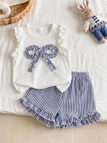 SHEIN Vintaside Kids Young Girls Knitted Jacquard Cream White Ruffle Trim Tank Top And Pink Ruffle Trim Shorts Set, Cute And Sweet Baby Summer Outfit - Royal Blue - View 1