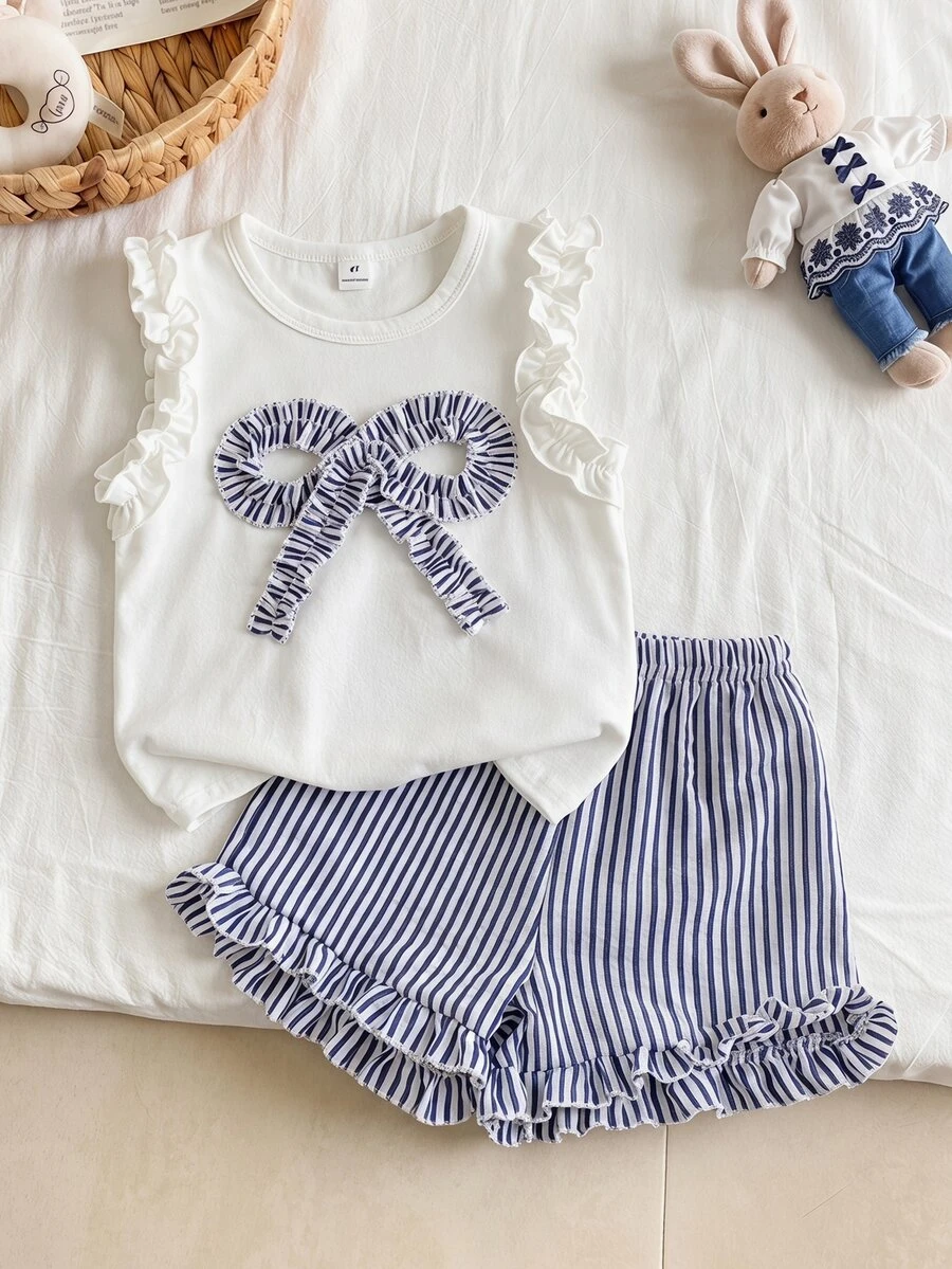 SHEIN Vintaside Kids Young Girls Knitted Jacquard Cream White Ruffle Trim Tank Top And Pink Ruffle Trim Shorts Set, Cute And Sweet Baby Summer Outfit - Royal Blue - View 1