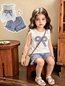 SHEIN Vintaside Kids Young Girls Knitted Jacquard Cream White Ruffle Trim Tank Top And Pink Ruffle Trim Shorts Set, Cute And Sweet Baby Summer Outfit - Royal Blue - View 5