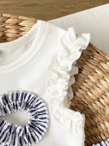 SHEIN Vintaside Kids Young Girls Knitted Jacquard Cream White Ruffle Trim Tank Top And Pink Ruffle Trim Shorts Set, Cute And Sweet Baby Summer Outfit - Royal Blue - View 7