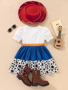 SHEIN Perso Play Young Girl Star & Cow Print Colorblock Pleated Dress Western Cowboy Style - White - View 6