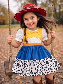 SHEIN Perso Play Young Girl Star & Cow Print Colorblock Pleated Dress Western Cowboy Style - White - View 7