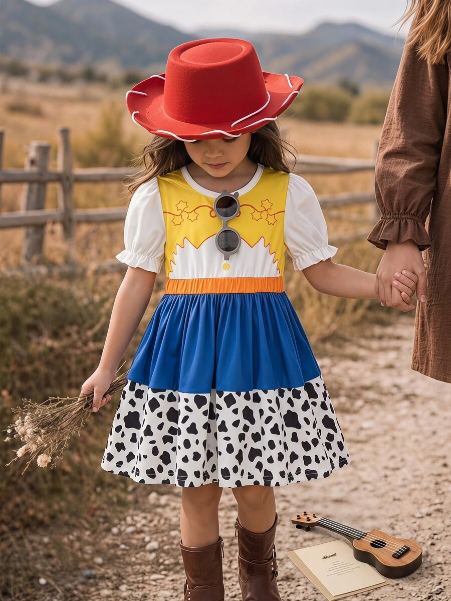 SHEIN Perso Play Young Girl Star & Cow Print Colorblock Pleated Dress Western Cowboy Style