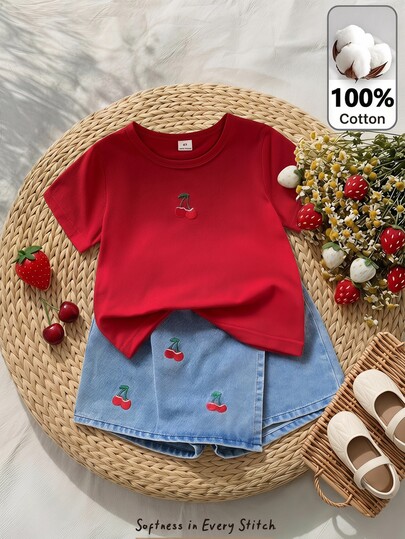 SHEIN Vintaside Kids Back To School Girls Casual Cute Round Neck Colorful Polka Dot Rainbow Print T-Shirt And Solid Color Denim Skort Set, Summer