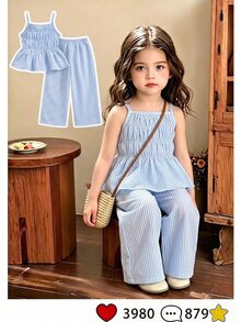 Souflis Souflis French Style New Girls Toddler Light Blue Cute Sweet Striped Camisole And Flowy Wide Leg Pants Set, Suitable For Outings, Casual Wear Summer Sets - Baby Blue - View 2