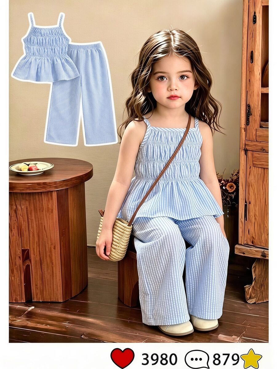 Souflis Souflis French Style New Girls Toddler Light Blue Cute Sweet Striped Camisole And Flowy Wide Leg Pants Set, Suitable For Outings, Casual Wear Summer Sets