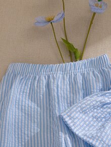 Souflis Souflis French Style New Girls Toddler Light Blue Cute Sweet Striped Camisole And Flowy Wide Leg Pants Set, Suitable For Outings, Casual Wear Summer Sets - Baby Blue - View 9