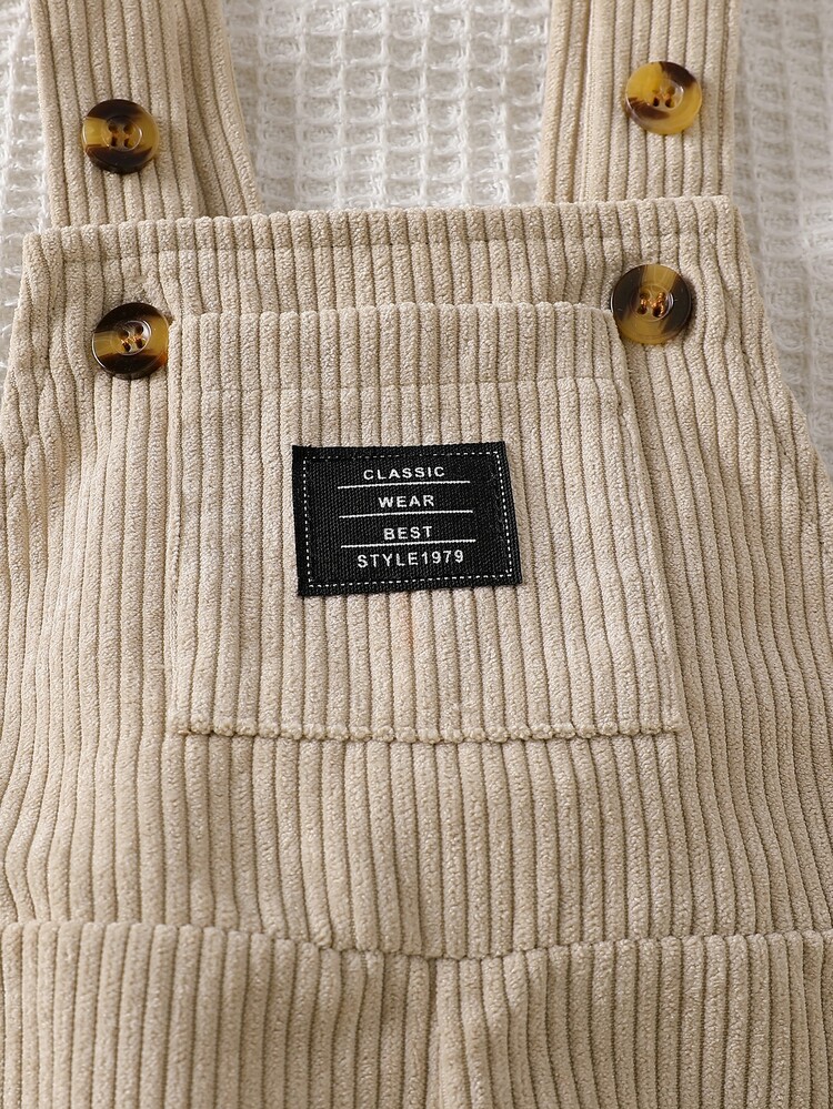SHEIN Vintaside Kids 男宝宝0-3岁卡其色字母刺绣灯芯绒连体裤，适合外出、休闲、生日派对 - 卡其色 - 查看 8