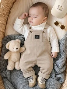 SHEIN Vintaside Kids 男宝宝0-3岁卡其色字母刺绣灯芯绒连体裤，适合外出、休闲、生日派对 - 卡其色 - 查看 4