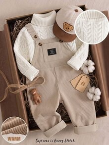 SHEIN Vintaside Kids 男宝宝0-3岁卡其色字母刺绣灯芯绒连体裤，适合外出、休闲、生日派对 - 卡其色 - 查看 1