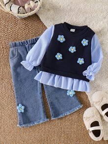 SHEIN Vintaside Kids 女嬰甜美可愛花卉裝飾條紋拼接長袖上衣與牛仔褲T恤套裝 - 藍色 - 查看 4