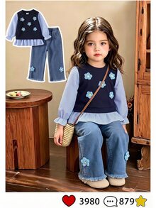 SHEIN Vintaside Kids 女嬰甜美可愛花卉裝飾條紋拼接長袖上衣與牛仔褲T恤套裝 - 藍色 - 查看 2