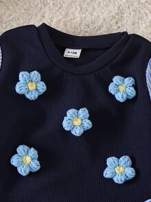 SHEIN Vintaside Kids 女嬰甜美可愛花卉裝飾條紋拼接長袖上衣與牛仔褲T恤套裝 - 藍色 - 查看 7
