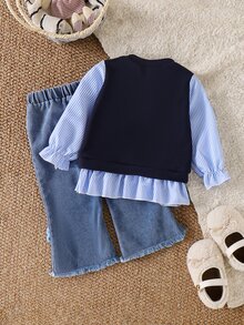 SHEIN Vintaside Kids 女嬰甜美可愛花卉裝飾條紋拼接長袖上衣與牛仔褲T恤套裝 - 藍色 - 查看 3