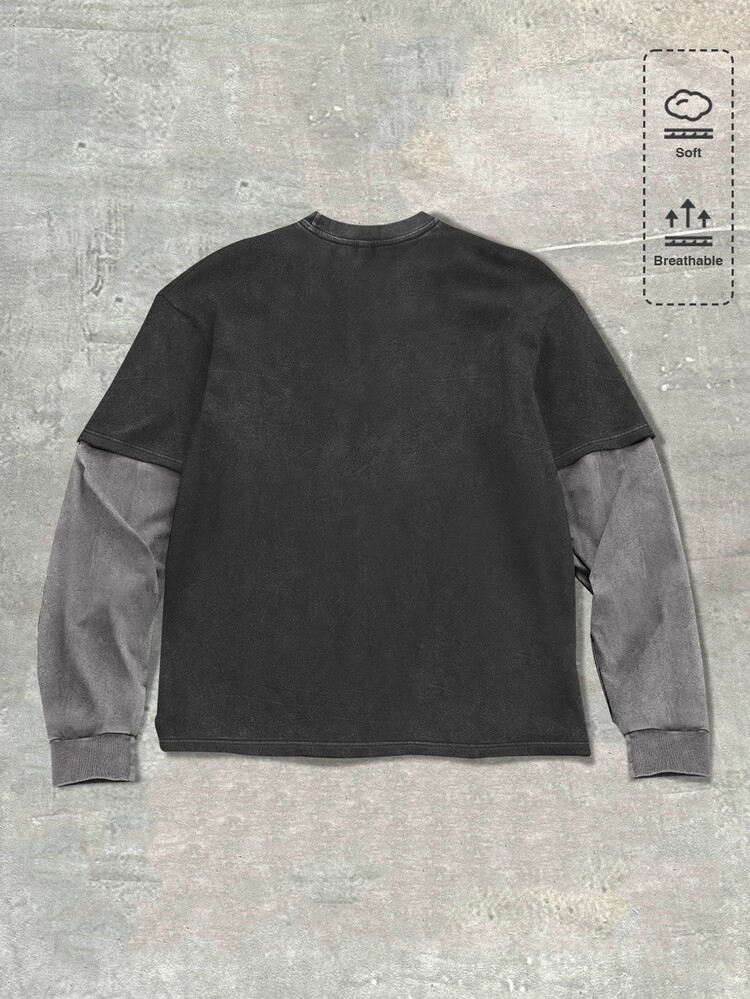 ROMWE MEN Spring Casual Graphic Men'S Casual Contrast Color Patchwork T-Shirt, Autumn, Long Sleeve Top - Multicolor - View 2