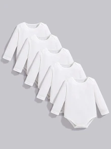 SHEIN Vintaside Kids 5 件套男婴休闲纯色长袖连体衣，适合所有季节 - 白色 - 查看 7